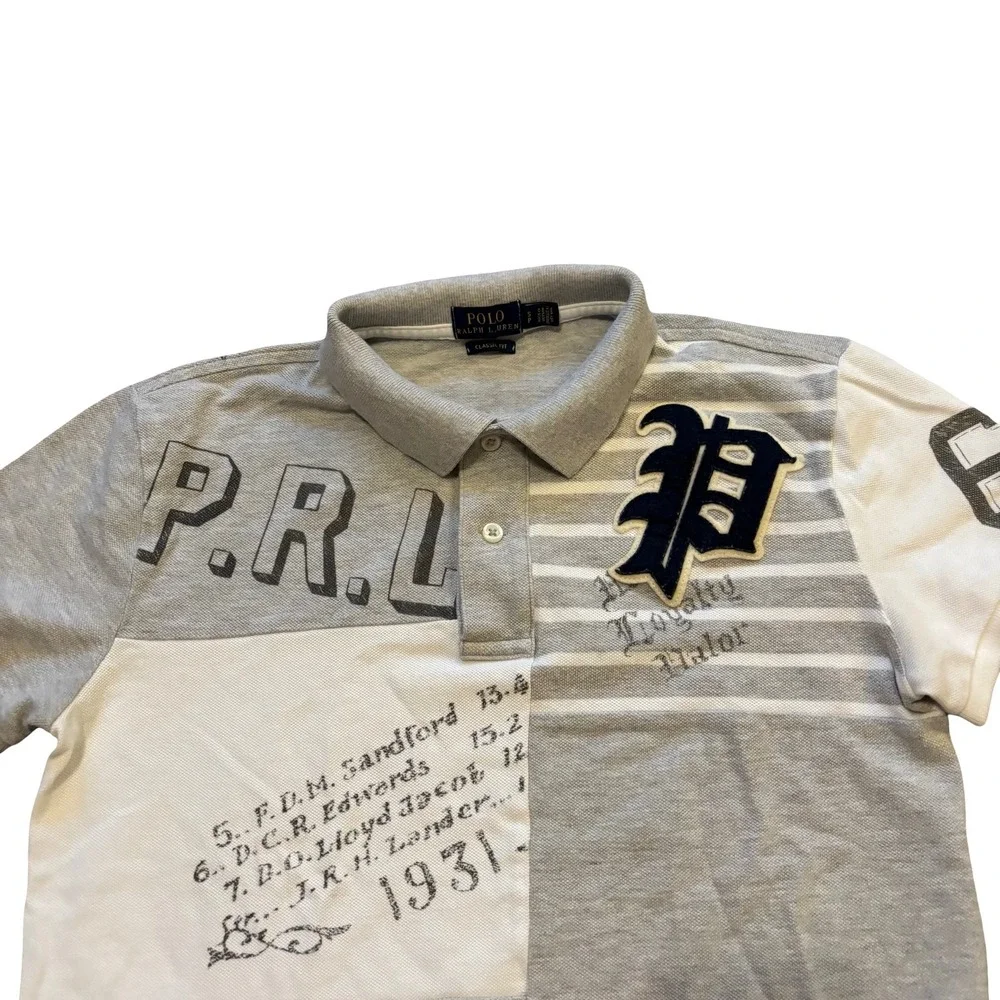 Polo Ralph Lauren Mens Grey Patchwork Graphic Varsity Polo Shirt Small Classic